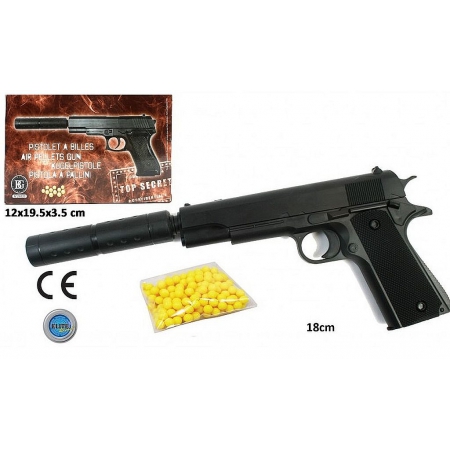 Pistolet à billes 18cm, torche, silencieux et billes inclus